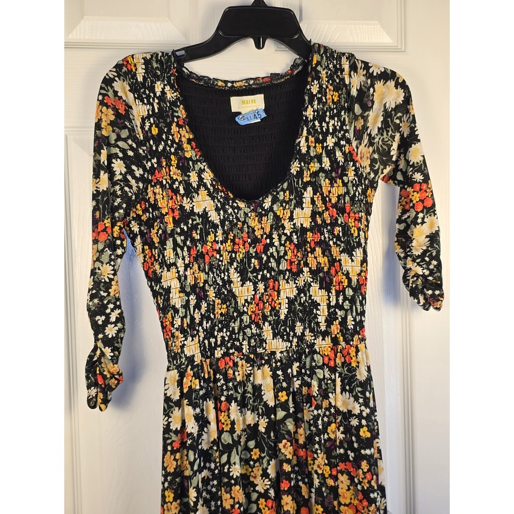 Maeve Anthropologie Floral Smocked Maxi Dress Black V-Neck‎ 3/4 Sleeve XS - Picture 2 of 16